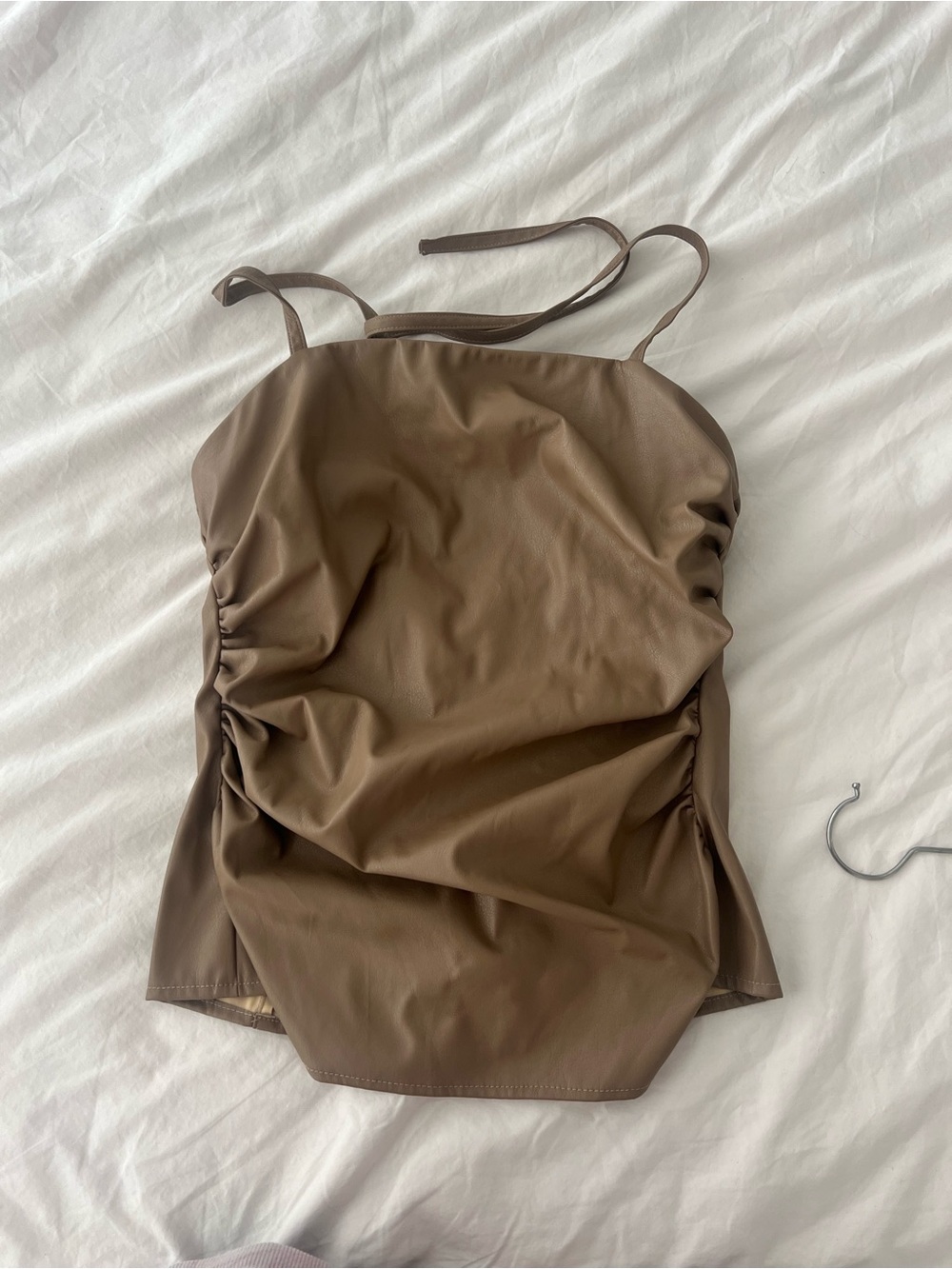 Topshop Brown Faux-Leather Ruched Cami